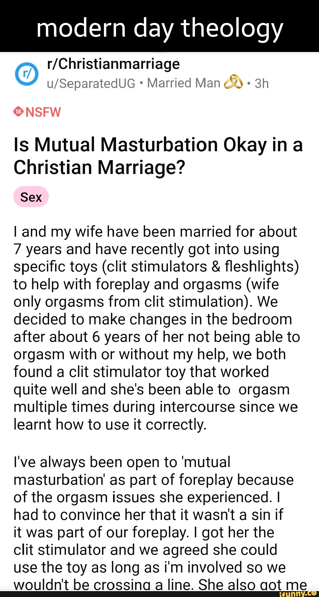 Modern day theology Married Man Q Is Mutual Masturbation Okay ina Christian Marriage? NSPW Sex I