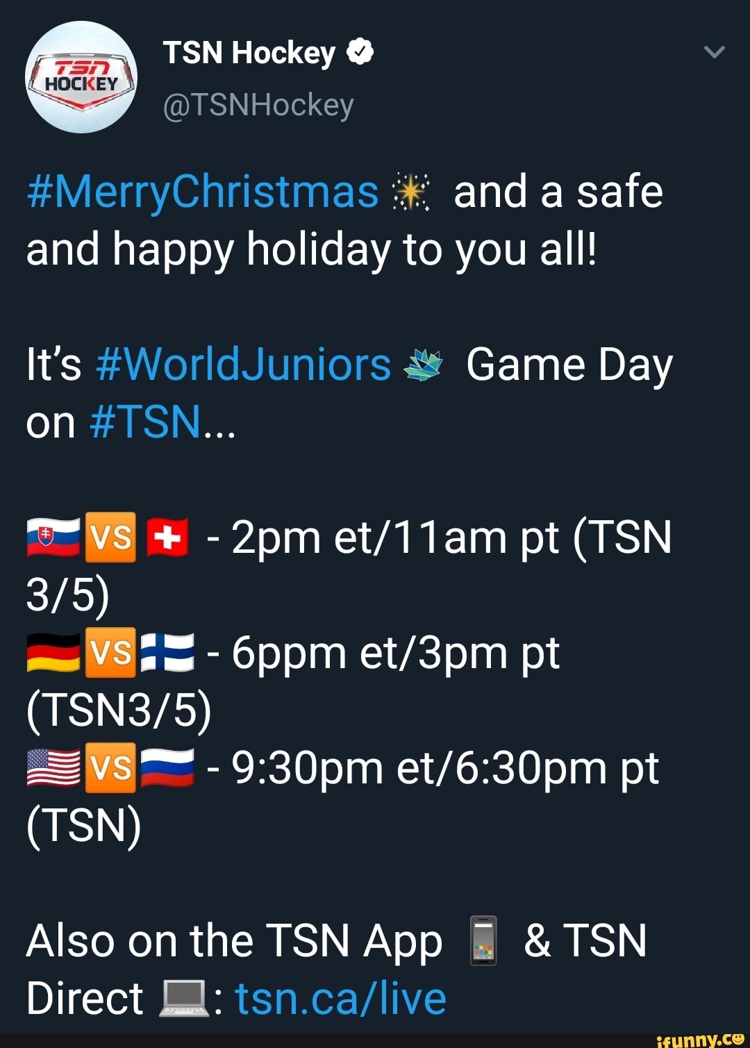 TSN Hockey and a safe and happy holiday to you all! It's 