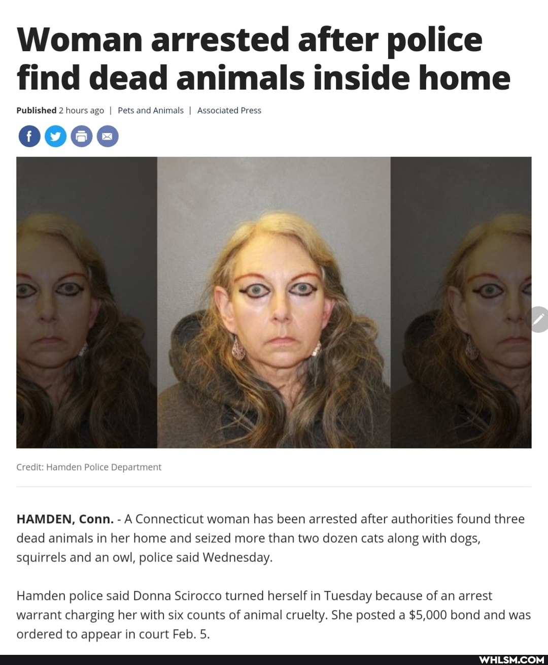 Woman arrested after police find dead animals inside home
Published 2 hours ago I Pets and Animals I Associated Press
Credit: Hamden Police Department
HAMDEN, Conn. - A Connecticut woman has been arrested after authorities found three dead animals in her home and seized more than two dozen cats along with dogs, squirrels and an owl, police said Wednesday.
Hamden police said Donna Scirocco turned herself in Tuesday because of an arrest warrant charging her with six counts of animal cruelty. She posted a $5,000 bond and was ordered to appear in court Feb. 5.