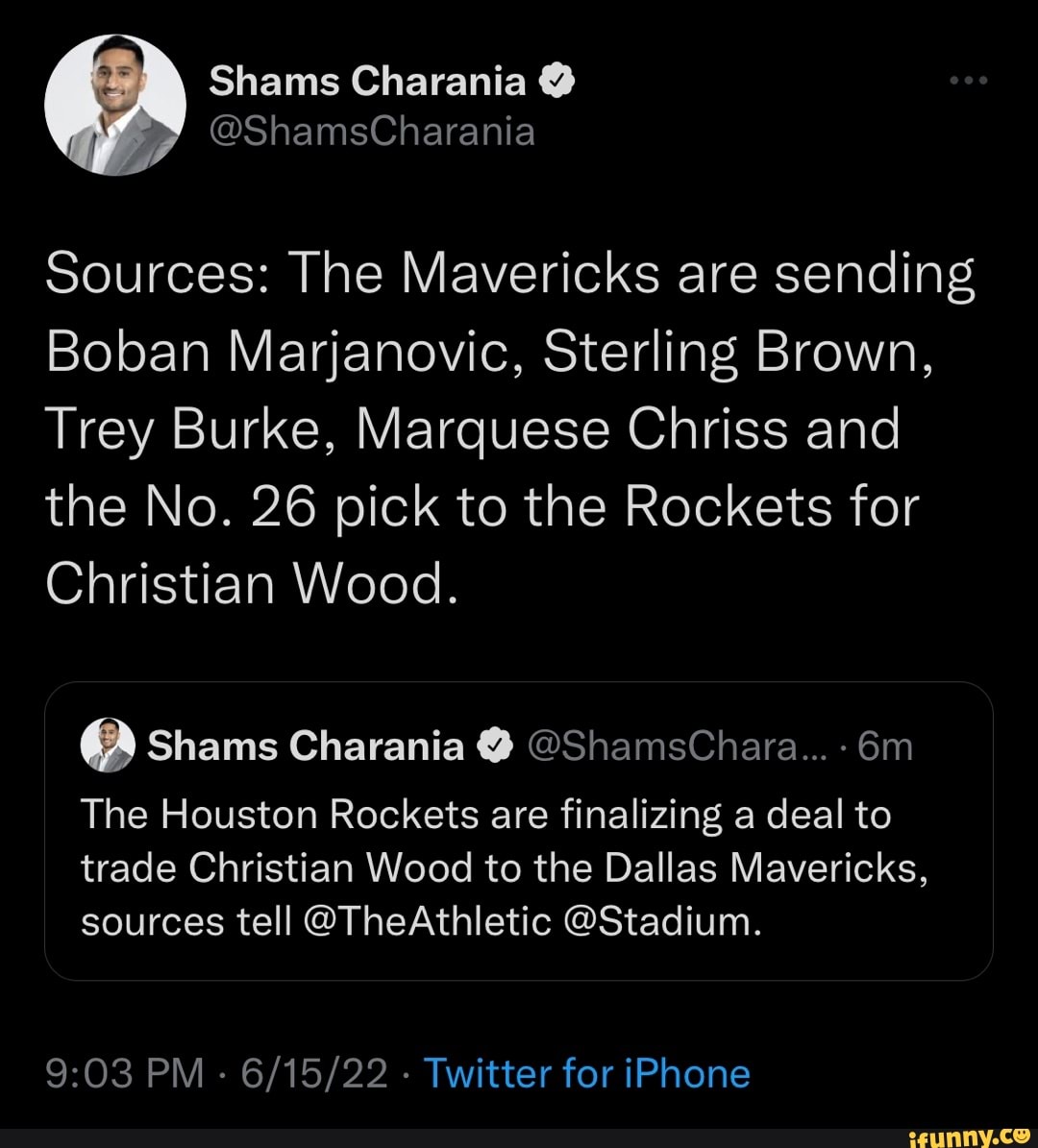 Bleacher Report - The Mavericks will be sending Boban Marjanovic Sterling  Brown, Trey Burke, Marquese Chriss and the No. 26 pick to the Rockets in  exchange for Wood (via @shamsnba)