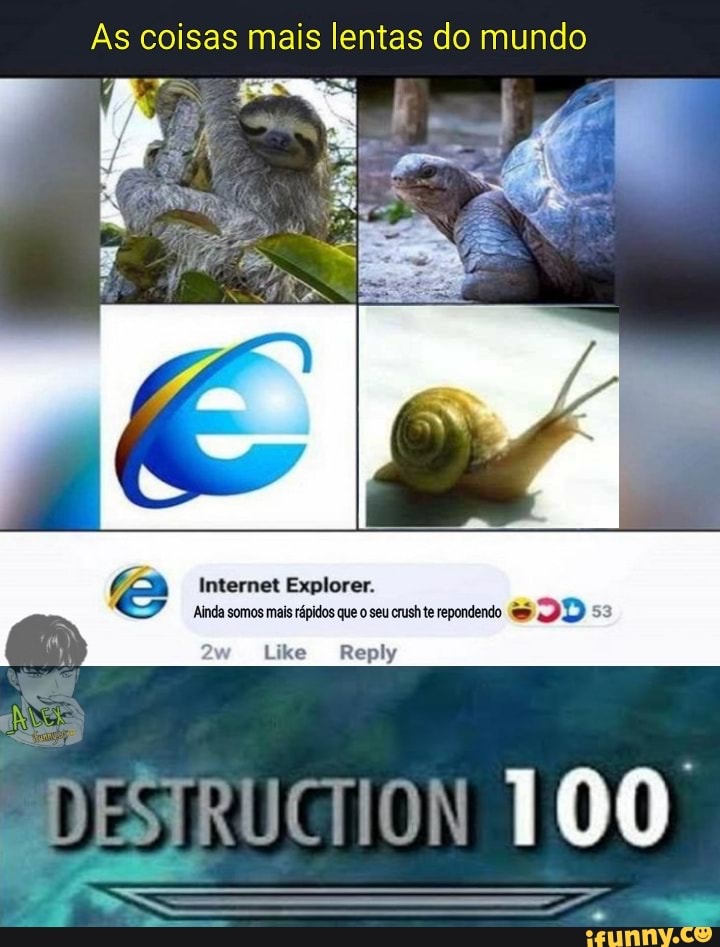As coisas mais lentas do mundo
Internet Explorer.
Ainda somos mais rápidos que o seu crush te repondendo D 53
Like Reply
DESTRUCTION TOO