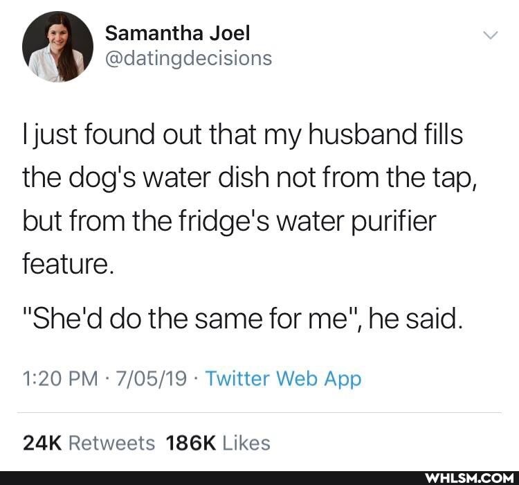 Samantha Joel
I just found out that my husband fills the dog's water dish not from the tap, but from the fridge's water purifier feature.
"She'd do the same for me", he said.
PM Twitter App