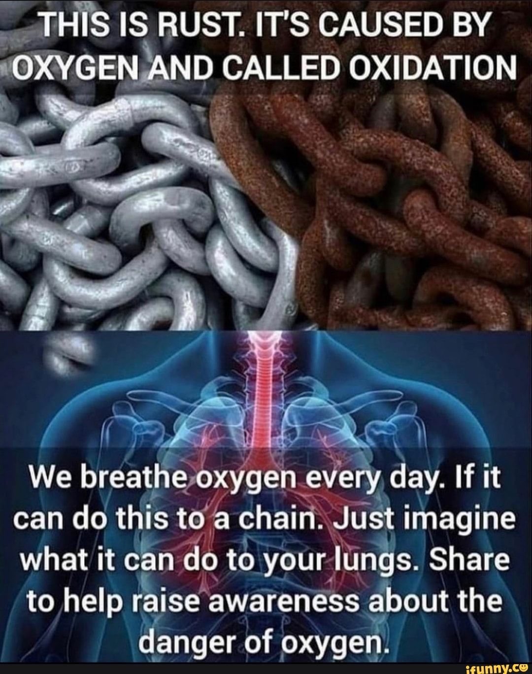 _ THIS IS RUST. IT'S CAUSED BY OXYGEN AND CALLED OXIDATION
We breathe every day. If it can do this to a chain. Just imagine what it can do to your lings. Share to help raise awareness about the danger of oxygen.