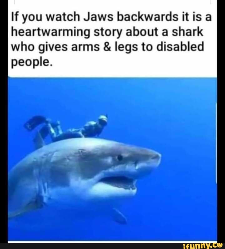 If you watch Jaws backwards it is a heartwarming story about a shark ...