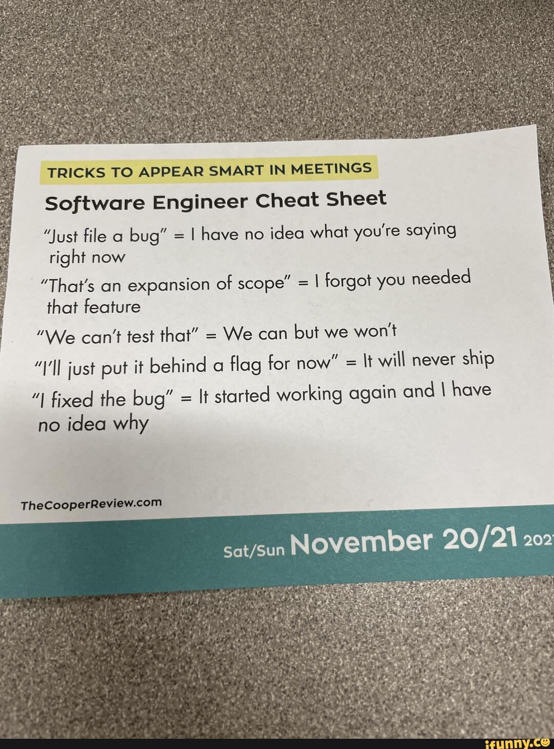 TRICKS TO APPEAR SMART IN MEETINGS Software Engineer Cheat Sheet "Just