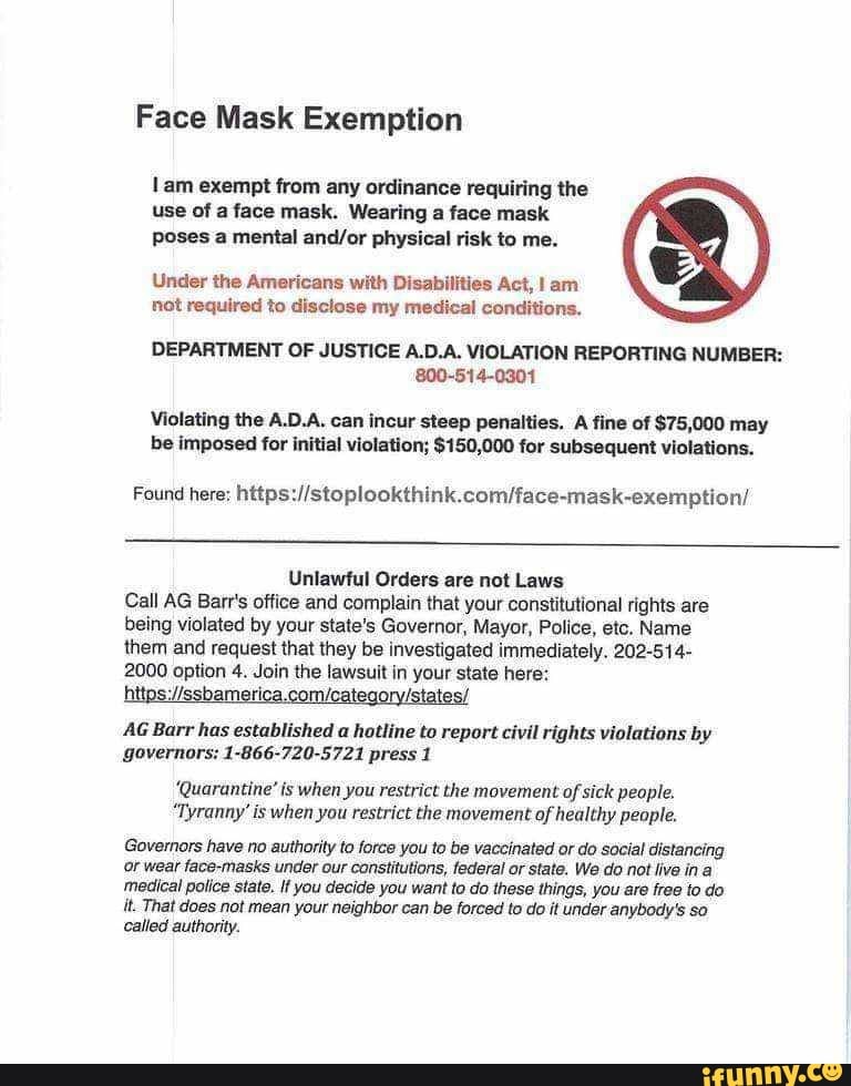 Face Mask Exemption lam exempt from any ordinance requiring the use of