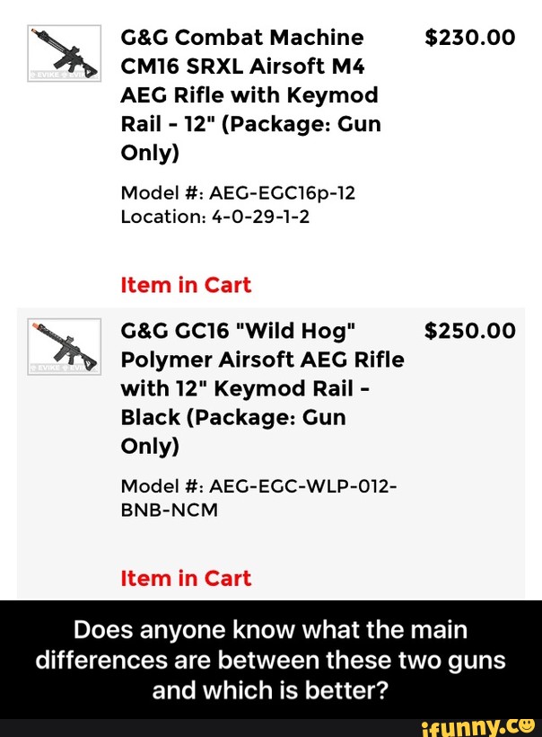 G G Combat Machine 230 00 Cm16 Srxl Airsoft M4 Aeg Rifle With Keymod Rail 12 Package Gun Only Model Aeg Egc16p 12 Location 4 0 29 1 2 Item In Cart Hog 250 00 Polymer Airsoft Aeg Rifle