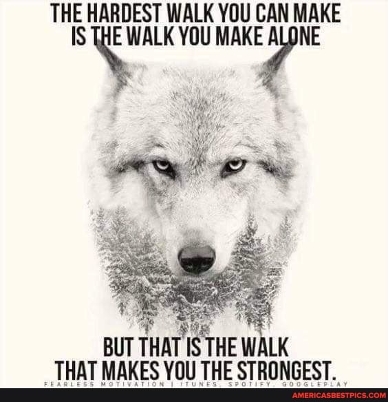 THE
HARDEST WALK YOU CAN MAKE E WALK YOU MAKE ALONE
BUT THAT IS THE WALK
_ THAT MAKES YOU THE STRONGEST.