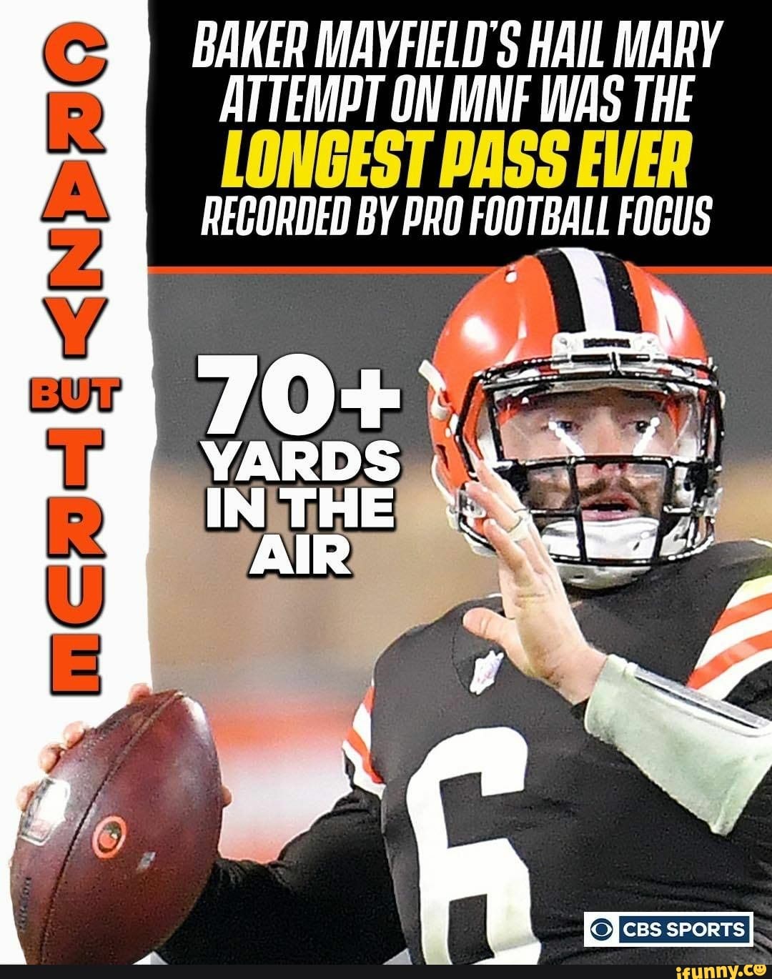 BAKER MAYFIELD'S HAIL MARY ATTEMPT ON MNF WAS THE LONGEST PASS EVER  RECORDED BY PRO FOOTBALL FOCUS - iFunny Brazil