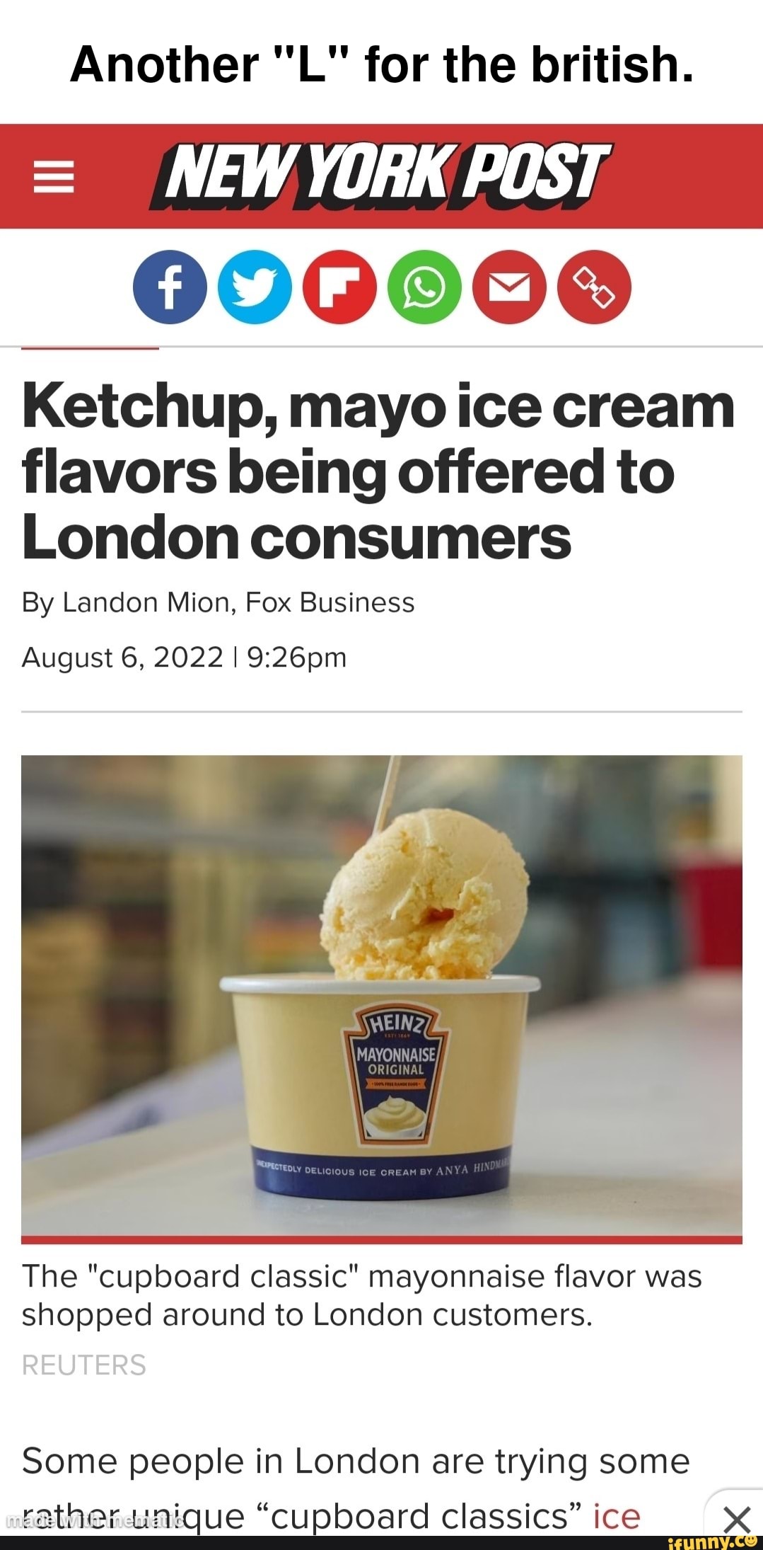 Another "L" for the british. NEW YORK POST 090008 Ketchup, mayo ice