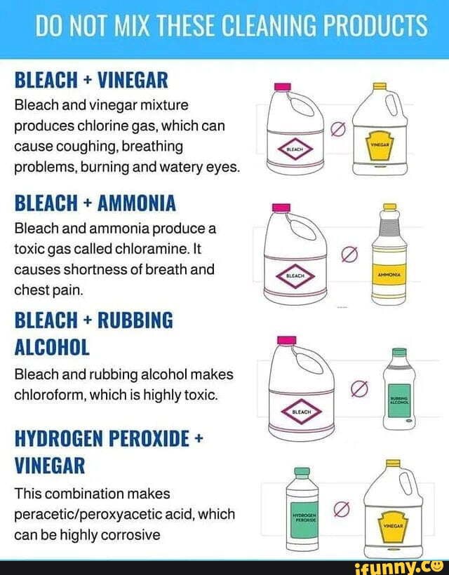 DO NOT MIX THESE CLEANING PRODUCTS BLEACH + VINEGAR Bleach and vinegar mixture produces chlorine