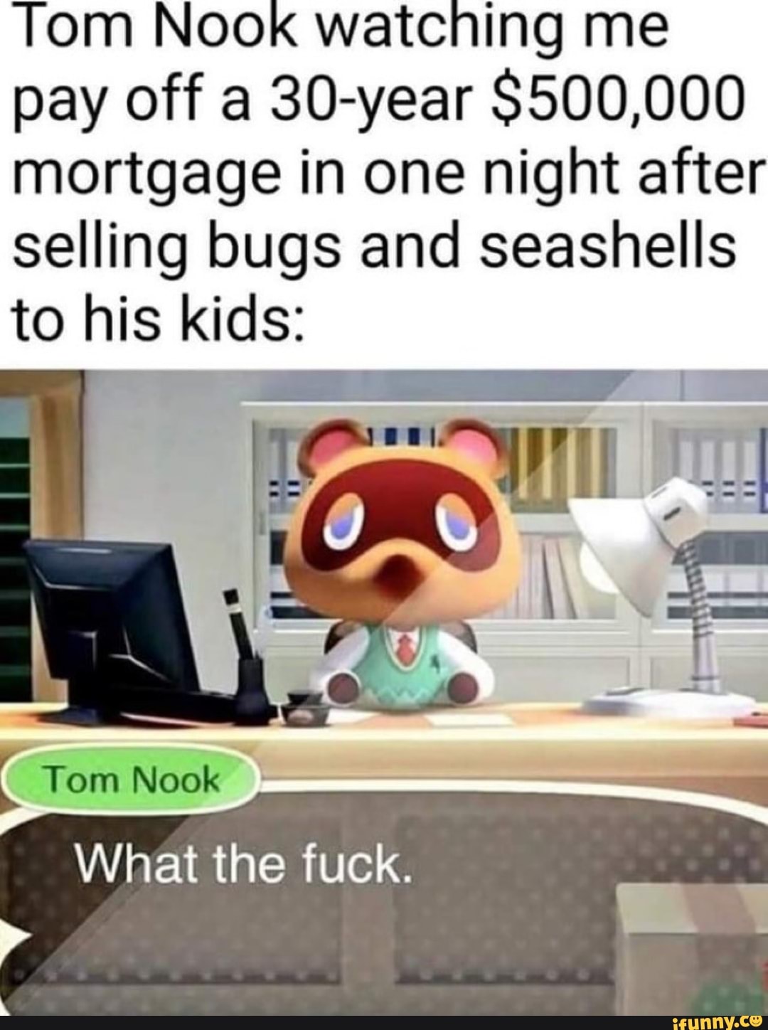 Tom Nook watching me
pay off a 30-year $500,000
mortgage in one night after
selling bugs and seashells
to his kids:
A