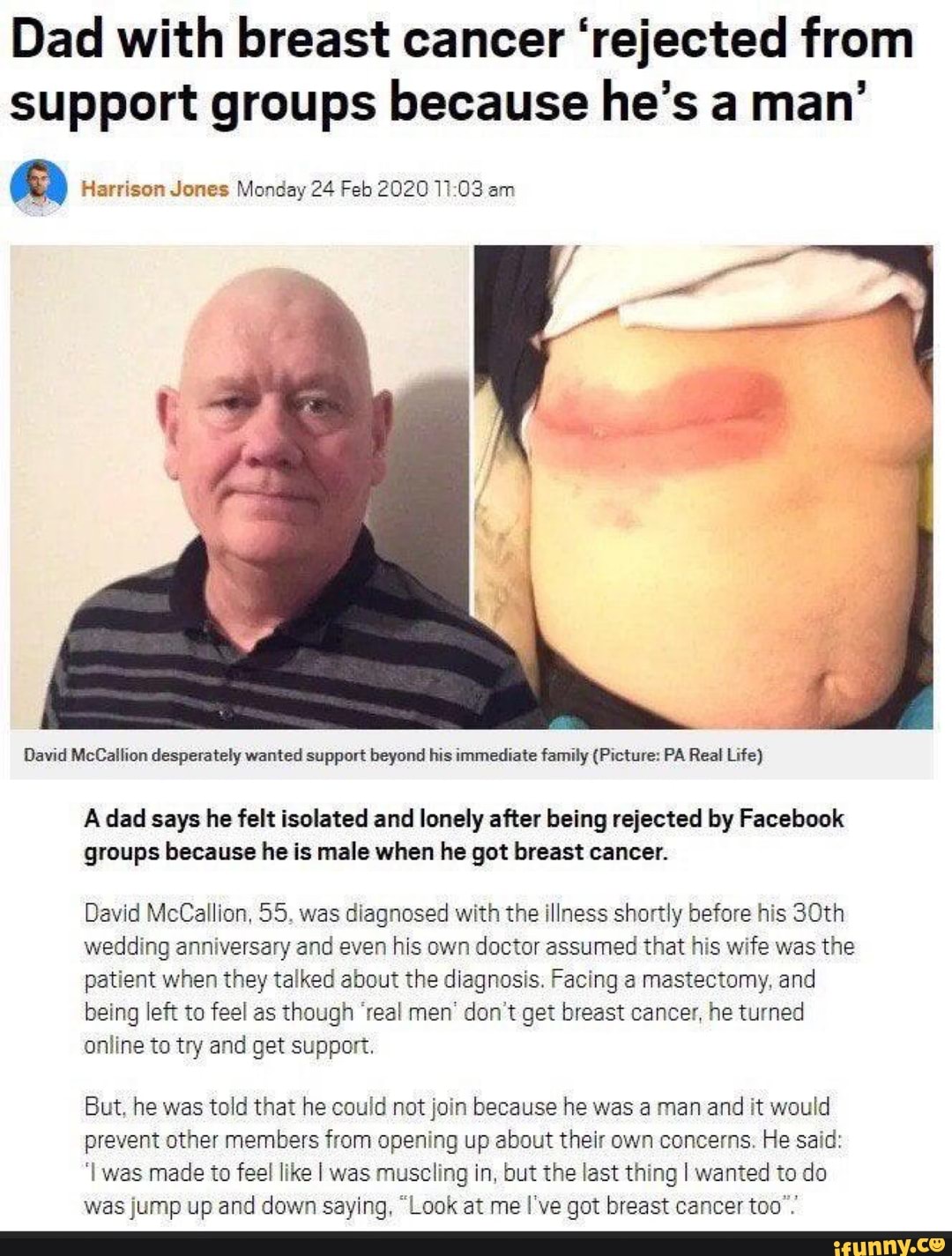 Dad With Breast Cancer Rejected From Support Groups Because He S A Man Harrison Jones Monday 24 Feb 2020 11 03 Am David Mccallion Desperately Wanted Support Beyond His Immediate Family Picture Pa Real
