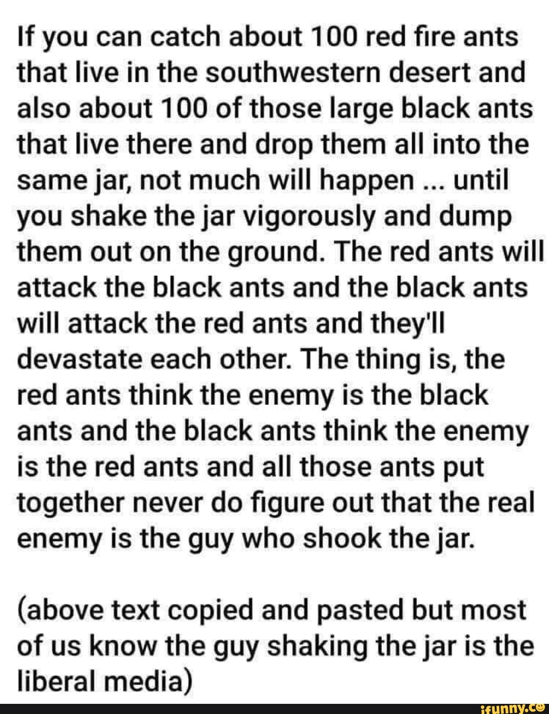 If you can catch about 100 red fire ants that live in the southwestern desert and also about 100 of those large black ants that live there and drop them all into the same jar, not much will happen until you shake the jar vigorously and dump them out on the ground. The red ants will attack the black ants and the black ants will attack the red ants and they'll devastate each other. The thing is, the red ants think the enemy is the black ants and the black ants think the enemy is the red ants and all those ants put together never do figure out that the real enemy is the guy who shook the jar.
(above text copied and pasted but most of us know the guy shaking the jar is the liberal media)