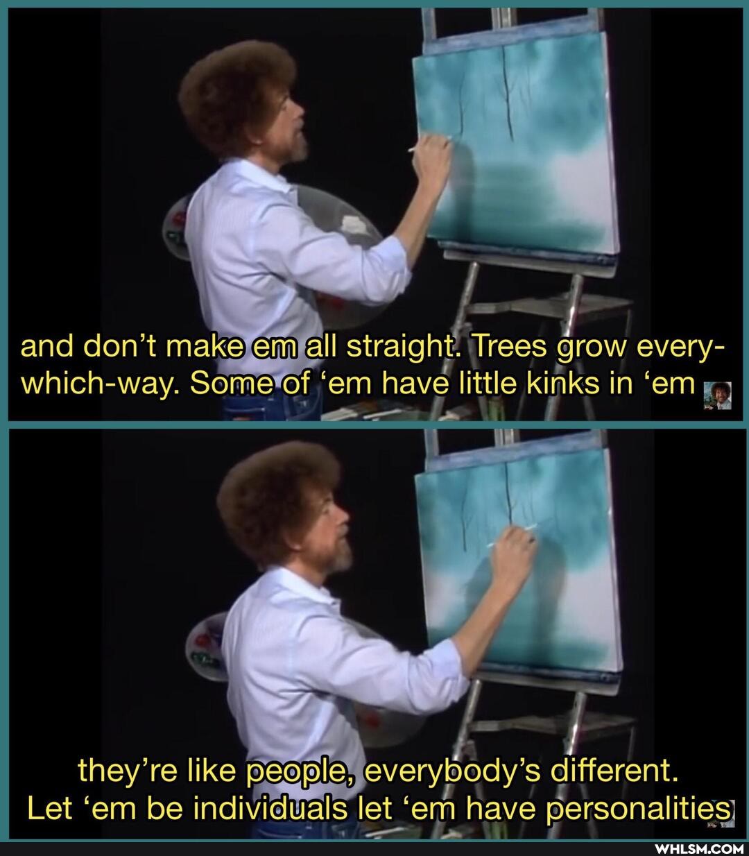 and don't make which-way. empall of Il straight. 'Trees grow in every- which-way. 'em have little kimks in 'em
they're like people' everybody's d different.
Let 'em be individuals let 'eni have personalities)