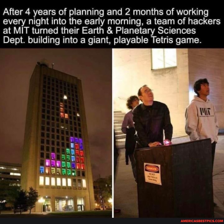 After 4 years of planning and 2 months of working every night into the early morning, a team of hackers at MIT turned their Earth & Planetary Sciences
Dept. building into a giant, playable Tetris game.
