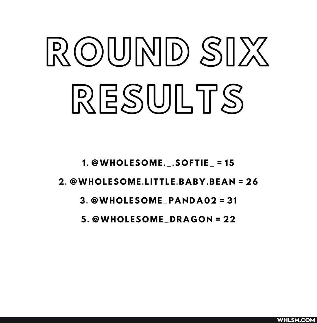 ROUND SIX
RESULTS
18
2. BEAN 26
SWHOLESOME_PANDAOZ 31
DRAGON 22