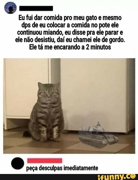 Eu fui dar comida pro meu gato e mesmo dps de eu colocar a comida no pote ele continuou miando, eu disse pra ele parar e ele não desistiu, daí eu chamei ele de gordo.
Ele tá me encarando a 2 minutos
peça desculpas imediatamente