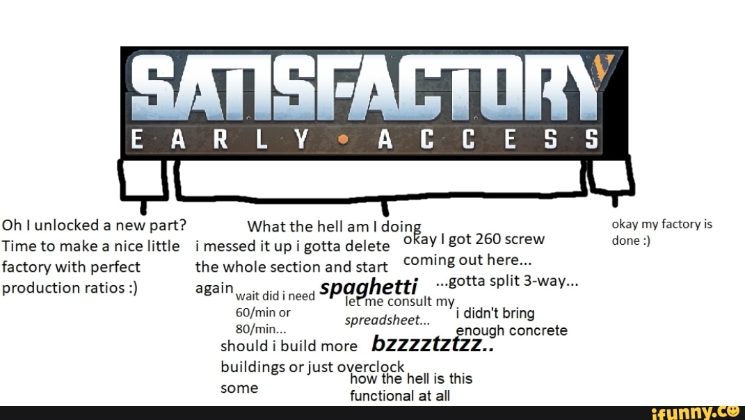 Oh I unlocked a new part? What the hell am doin
SATISFACTORY
EARL Y AC E- 5
Time Oh to make a unlocked nice new little part? i messed it up What i gotta the hell delete am! Okay got 260 screw done bs factory with perfect the whole section and start Coming out
; ...gotta split 3-way...
production ratios again spaghetti did i need agn consult my_ min or spreadsheet... i didn't bring spreadsheet...
enough concrete should i build more bzzzztztz
buildings or just overclock how the hell is this some
functional at all
okay my factory is