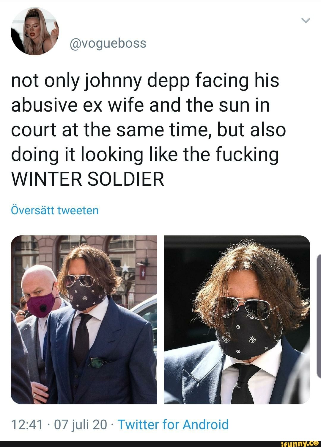 not only johnny depp facing his
abusive ex wife and the sun in
court at the same time, but also
doing it looking like the fucking
WINTER SOLDIER
Twitter for Android