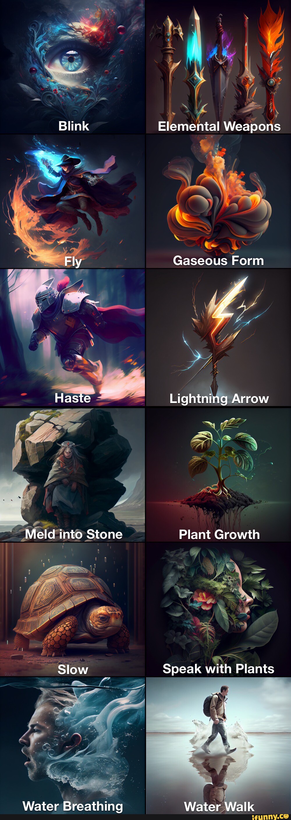 Blink Fly Haste Meld into Stone Slow Water Breathing Elemental Weapons  Gaseous Form MW, Lightning Arrow FOX Plant Growth Speak with Plants Water  Walk - iFunny