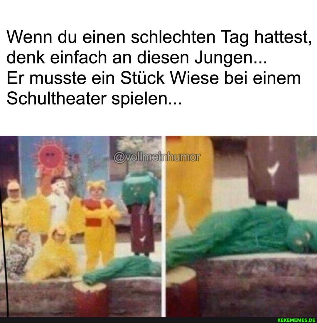 Wenn du einen schlechten Tag hattest, denk einfach an diesen Jungen...
Er musste ein Stück Wiese bei einem
Schultheater spielen...