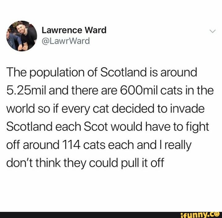 The population of Scotland is around
5.25m” and there are 600mil cats in the
world so if every cat decided to invade
Scotland each Scot would have to fight
off around 114 cats each and I really
don't think they could pull it off