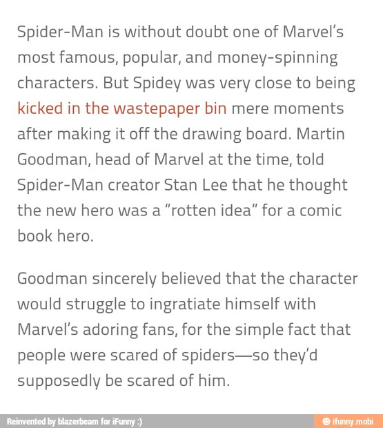 Spider-Man is without doubt one
of Marvel's
most famous, popular, and money-spinning
characters. But Spidey was very close to being
kicked in the wastepaper bin mere moments
after making it off the drawing board. Martin
Goodman, head of Marvel at the time, told
Spider-Man creator Stan Lee that he thought
the new hero was a "rotten idea" for a comic
book hero.
Goodman sincerely believed that the character
would struggle to ingratiate himself with
Marvel's adoring fans, for the simple fact that
people were scared of spiders-so they'd
supposedly be scared of him.