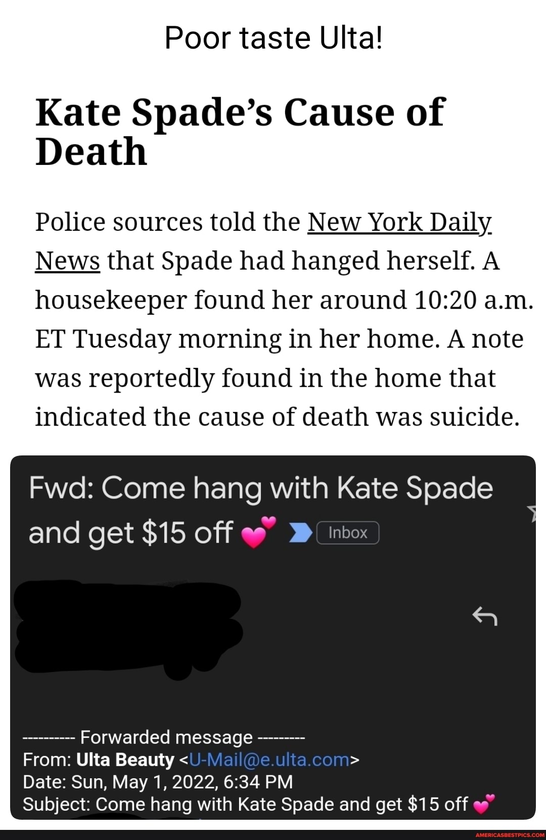 Poor taste Ulta! Kate Spade's Cause of Death Police sources told the New  York Daily News