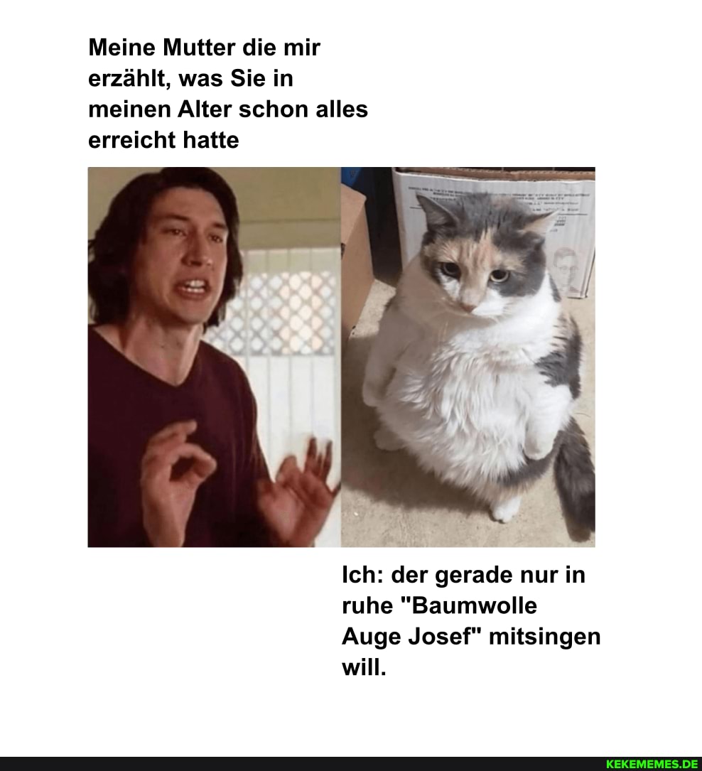 Meine Mutter die mir erzählt, was Sie in meinen Alter schon alles erreicht hatte
Ich: der gerade nur in ruhe "Baumwolle
Auge Josef" mitsingen will.