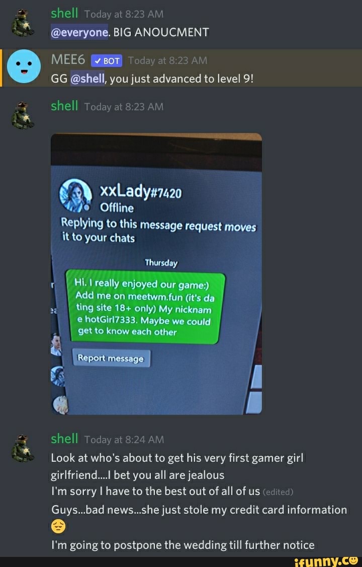 Shell Today At Am Everyone Big Anoucment Mee6 Veot Today At Am Gg Shell You Just Advanced To Level 9 Shell Today At Am Va Offline Replying To This Message Request Moves
