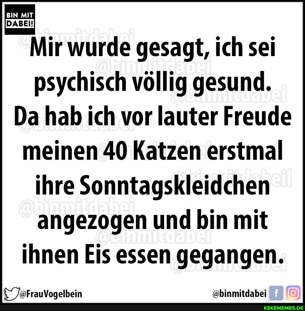 BIN MIT
Mir wurde gesagt, ich sei psychisch völlig gesund.
Da hab ich vor lauter Freude meinen 40 Katzen erstmal ihre Sonntagskleidchen angezogen und bin mit ihnen Eis essen gegangen.
OTaFrauVogelbein @binmitdabei