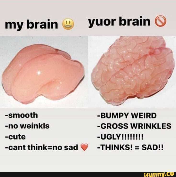 my brain yuor brain -no weinkls -GROSS WRINKLES
-cant think=no sad Y