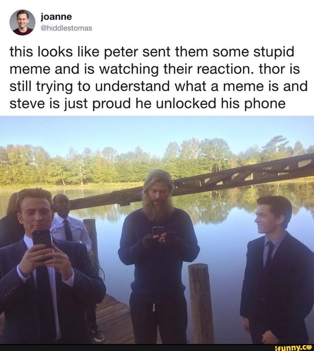 this looks like peter sent them some stupid
meme and is watching their reaction. thor is
still trying to understand what a meme is and
steve is just proud he unlocked his phone