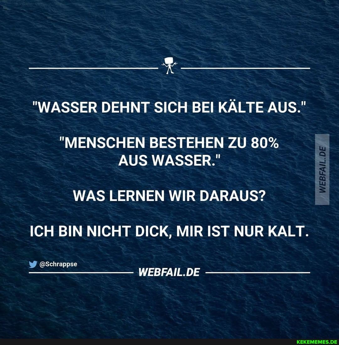 "WASSER DEHNT SICH BEI KÄLTE AUS."
"MENSCHEN BESTEHEN ZU 80%
AUS WASSER."
WAS LERNEN WIR DARAUS?
ICH BIN NICHT DICK, MIR IST NUR KALT.
@Schrappse
WEBFAIL.DE
