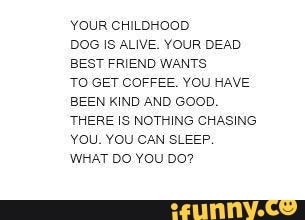 YOUR CHILDHOOD DOG IS ALIVE. YOUR DEAD BEST FRIEND WANTS
TO GET COFFEE. YOU HAVE BEEN KIND AND GOOD.
THERE IS NOTHING CHASING YOU. YOU CAN SLEEP,
WHAT DO YOU DO?