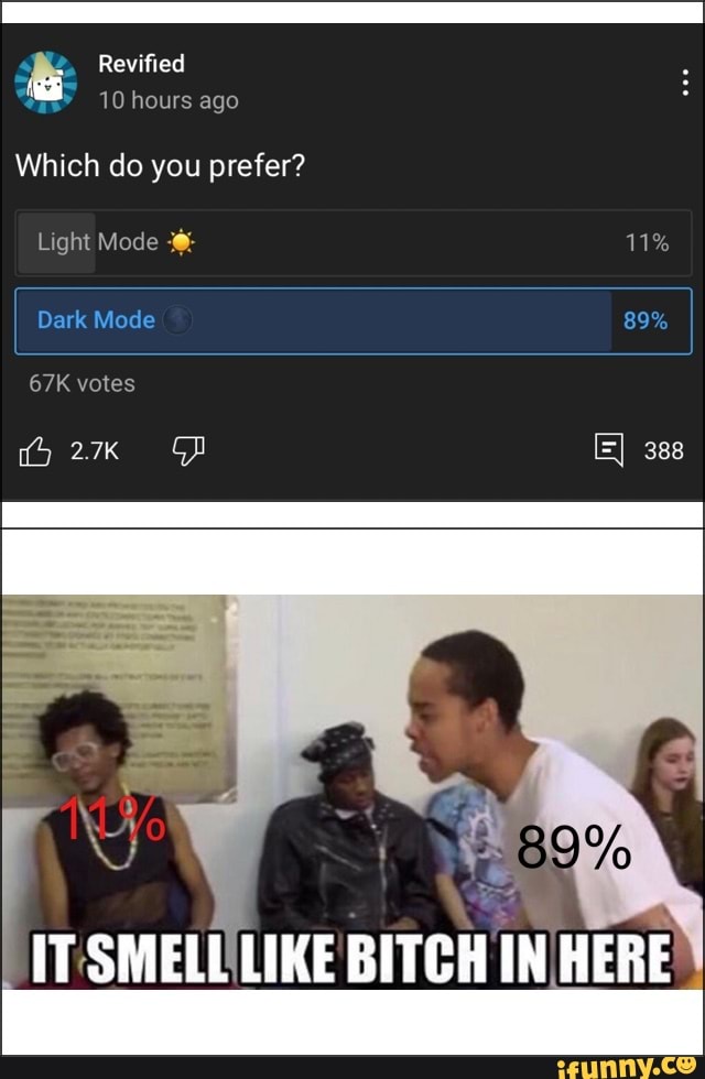 Revified
10 hours ago
Which do you prefer?
Light Mode 11%
Dark Mode 89% votes
GD [=I 388
89%
IT SMELL LIKE BITCH IN HERE
