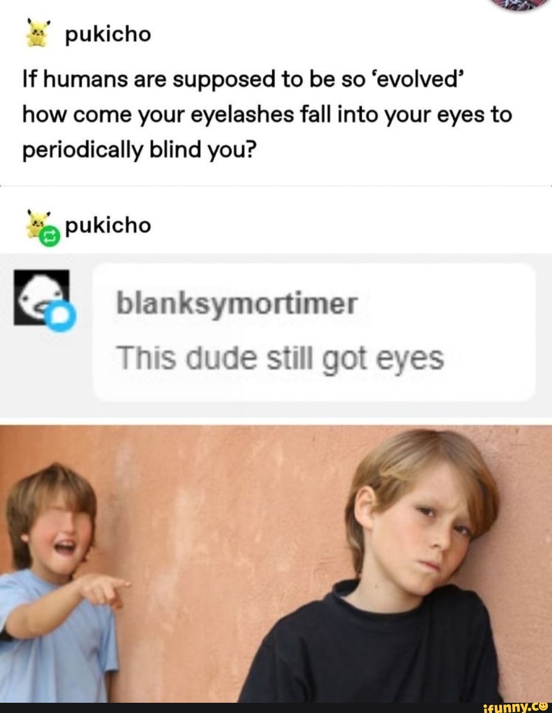 ls" pukicho
If humans are supposed to be so 'evolved'
how come your eyelashes fall into your eyes to
periodically blind you?
"o pukicho
This dude still got eyes