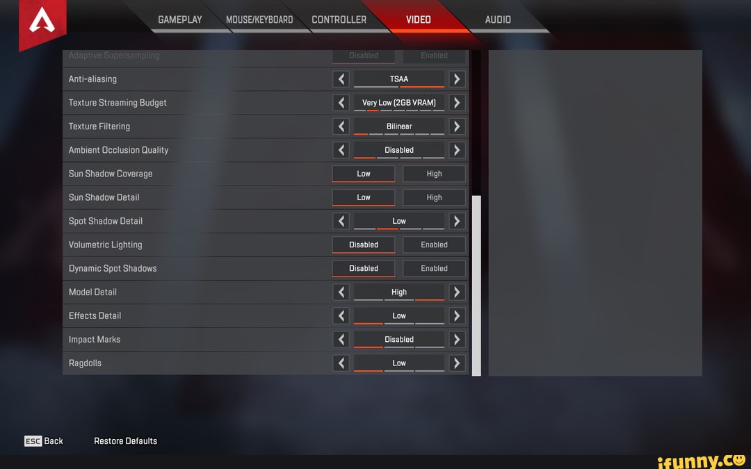 Setting 1.0 [apex] Back Antialiasing Texture Streaming Budget