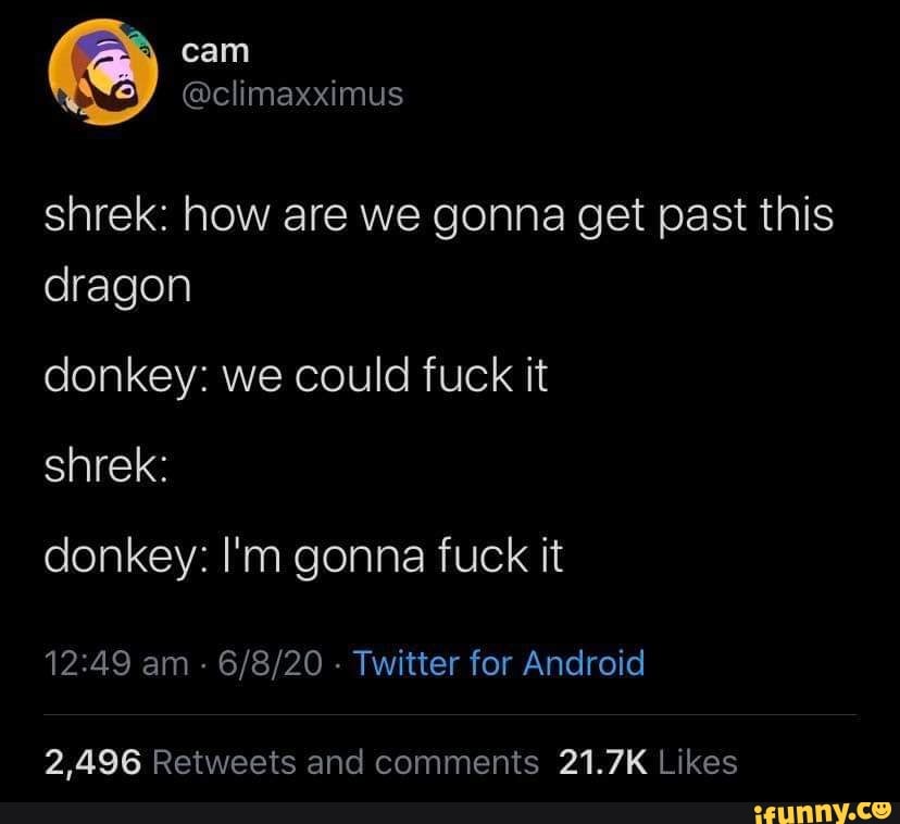 shrek: how are we gonna get past this dragon
donkey: we could fuck it shrek:
donkey: I'm gonna fuck it am - - Twitter for Android