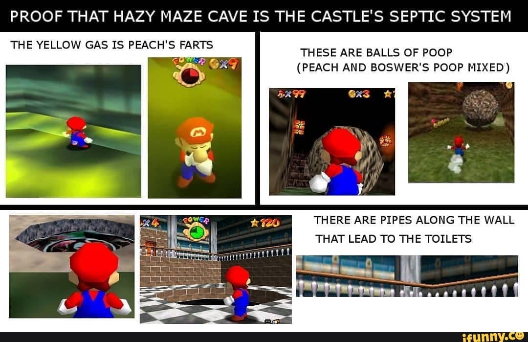 PROOF THAT HAZY MAZE CAVE IS THE CASTLE'S SEPTIC SYSTEM
THESE ARE BALLS OF POOP
(PEACH AND BOSWER'S POOP MIXED)
THERE ARE PIPES ALONG THE WALL THAT LEAD TO THE TOILETS