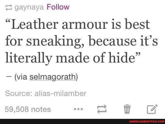 gaynaya Follow
"Leather armour is best for sneaking, because it's literally made of hide"
- (via selmagorath)
Source: alias-milamber
59,508 notes coo FF