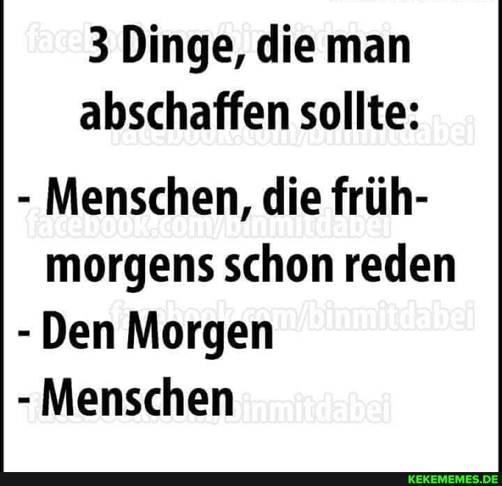 3 Dinge, die man abschaffen sollte:
- Menschen, die früh- morgens schon reden
- Den Morgen
- Menschen