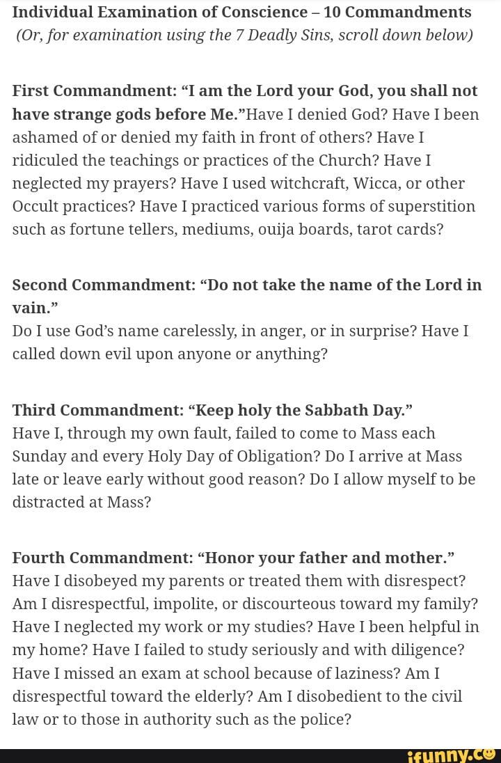 Individual Examination of Conscience 10 Commandments (Or, for