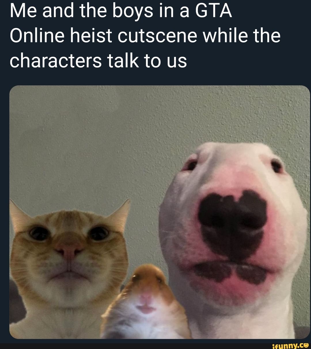 Me and the boys ina GTA Online heist cutscene while the characters talk to us