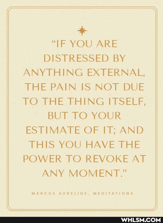 "IF YOU ARE
DISTRESSED BY ANYTHING EXTERNAL,
THE PAIN IS NOT DUE TO THE THING ITSELF,
BUT TO YOUR ESTIMATE OF IT; AND THIS YOU HAVE THE POWER TO REVOKE AT
ANY MOMENT."
MARCUS AURELIUS, MEDITATIONS