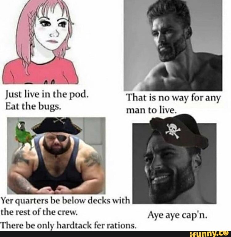 Just live in the pod. That is no way for any
Eat the bugs. man to live.
bs
Yer quarters be below decks with
the rest of the crew. Aye aye cap'n.
