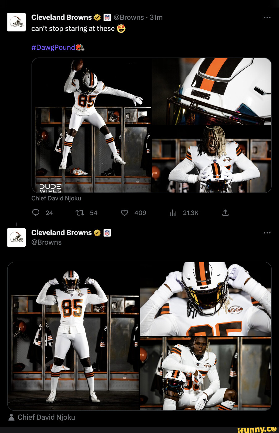 Cleveland Browns @Browns can't stop staring at these #DawgPound@ DUD= WIPES  Chief David Njoku 24 54 409 th 21.3K Cleveland Browns @ @Browns Chief David  Njoku - iFunny Brazil