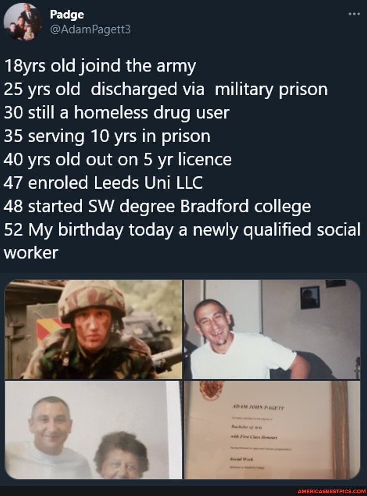 18yrs old joind the army
25 yrs old discharged via military prison
30 still a homeless drug user
35 serving 10 yrs in prison
40 yrs old out on 5 yr licence
47 enroled Leeds Uni LLC
48 started SW degree Bradford college
52 My birthday today a newly qualified social worker