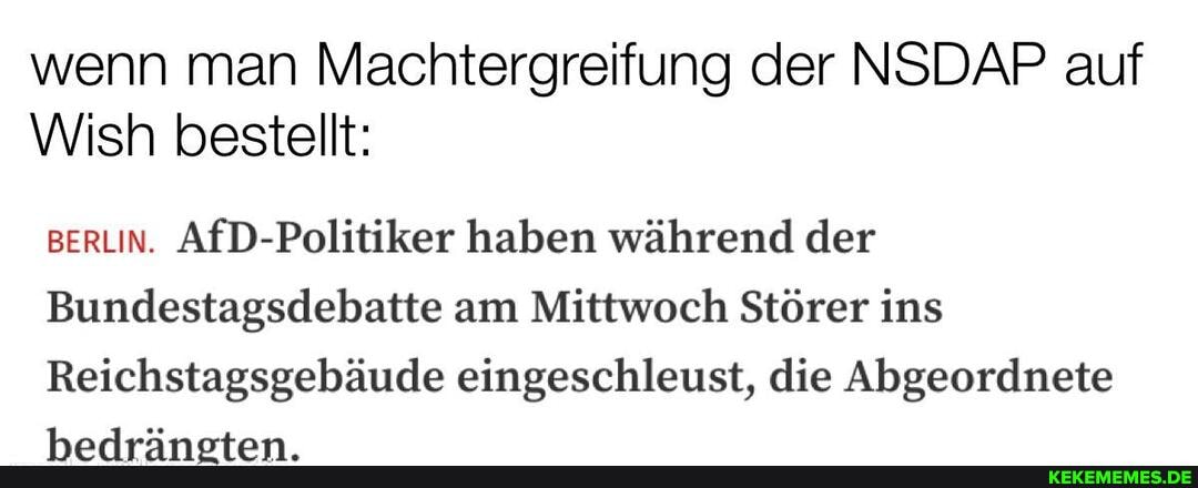 wenn man Machtergreifung der NSDAP auf
Wish bestellt:
BERLIN. AfD-Politiker haben während der
Bundestagsdebatte am Mittwoch Störer ins
Reichstagsgebäude eingeschleust, die Abgeordnete